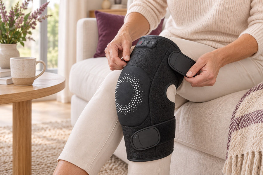 Wearing a heated knee massager.