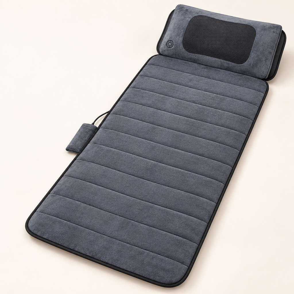 Tapis de massage chauffant, coussin nuque mobile : vue du produit.