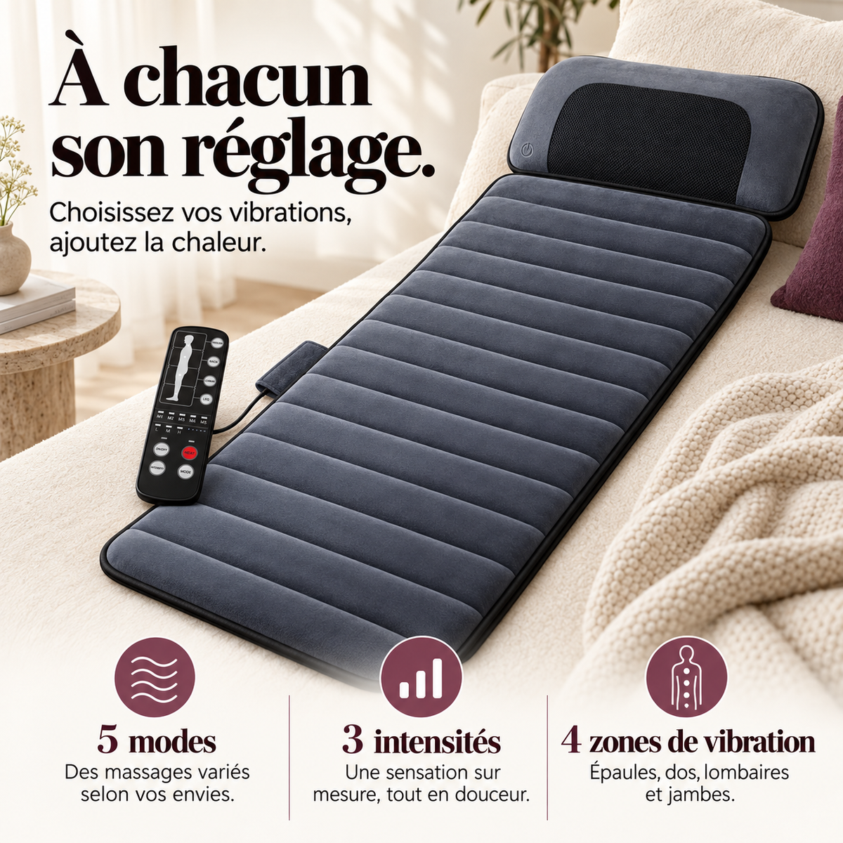 Tapis de massage chauffant, coussin nuque mobile : présentation du modèle, visuel 3.