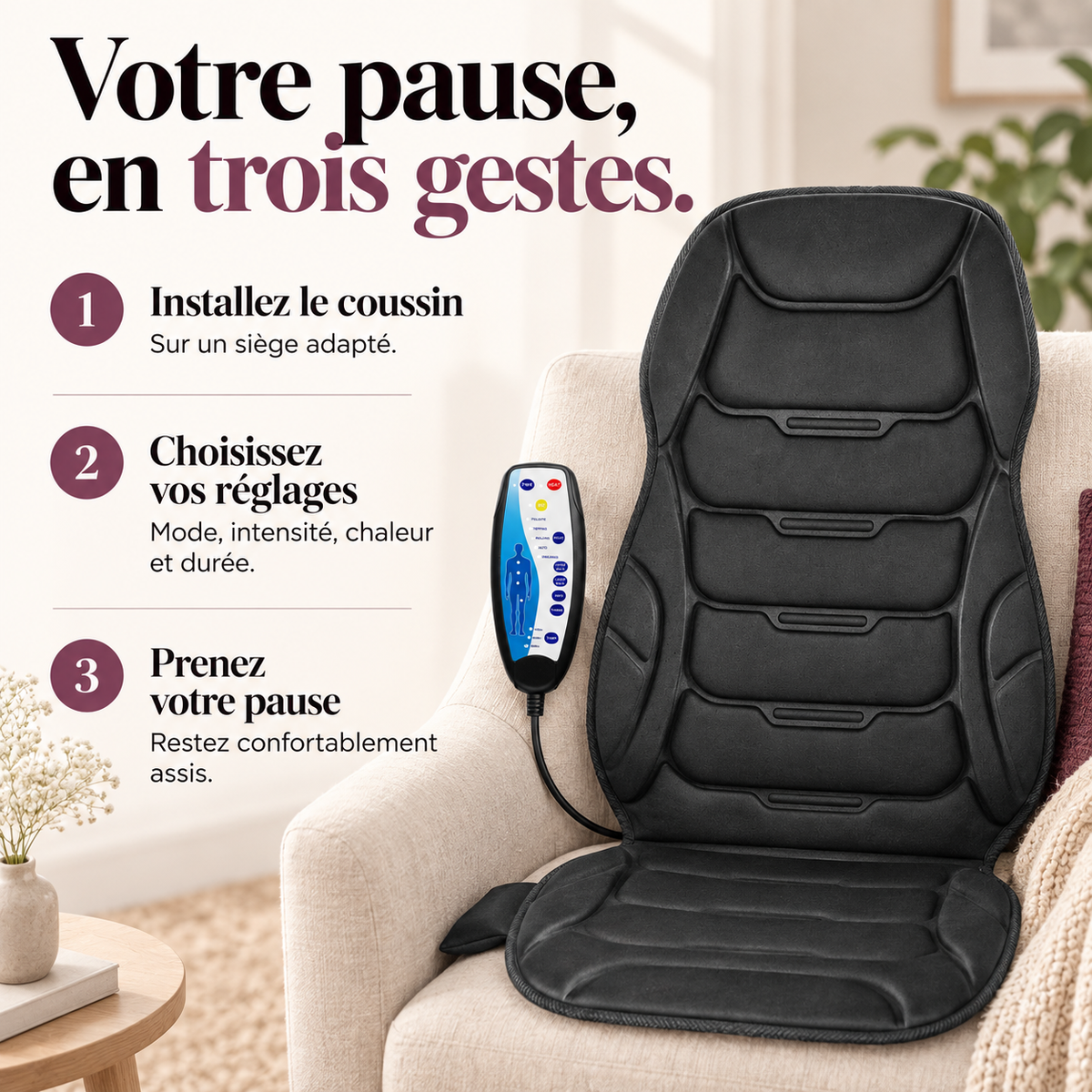 Coussin de siège vibrant à minuterie : présentation du modèle, visuel 8.