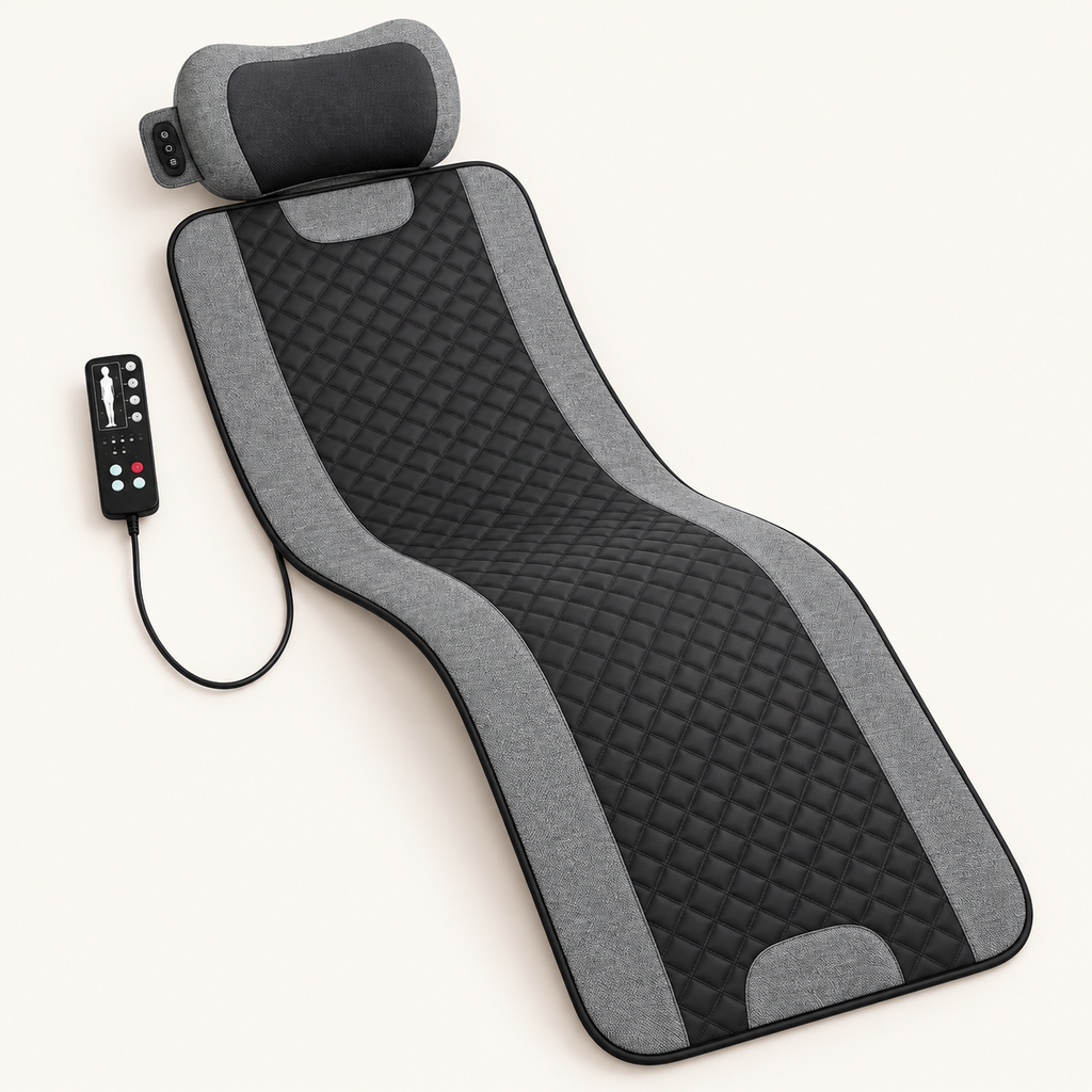 Tapis de massage vibrant et coussin shiatsu : vue du produit.