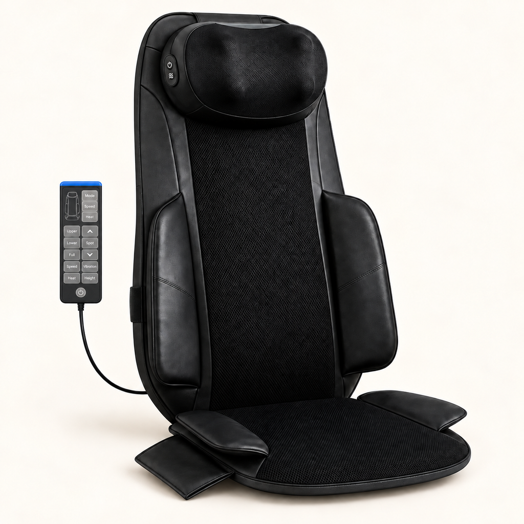 Siège massant shiatsu, coussin nuque amovible : vue du produit.